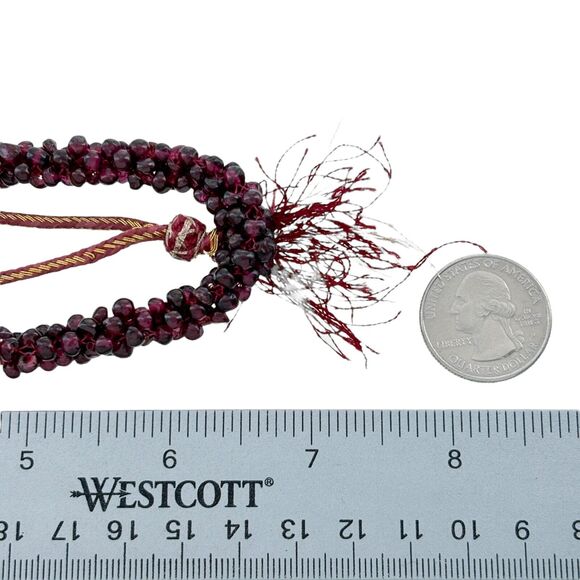 Red Garnet Golden Threaded Interwoven Rope Cluster Bead Necklace 28" - Picture 4 of 4